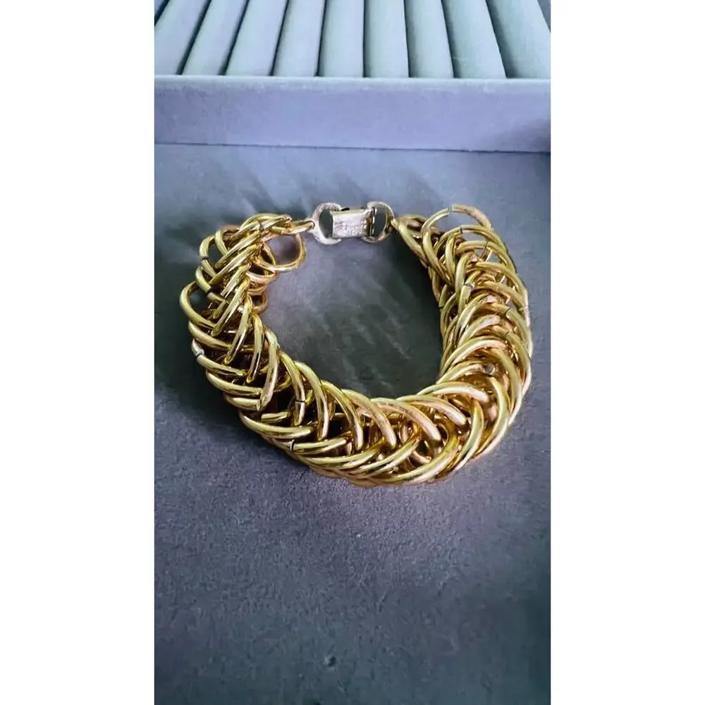 Vintage Trifari Gold-Tone Woven Chain Statement Bracelet Chunky Designer Jewelry